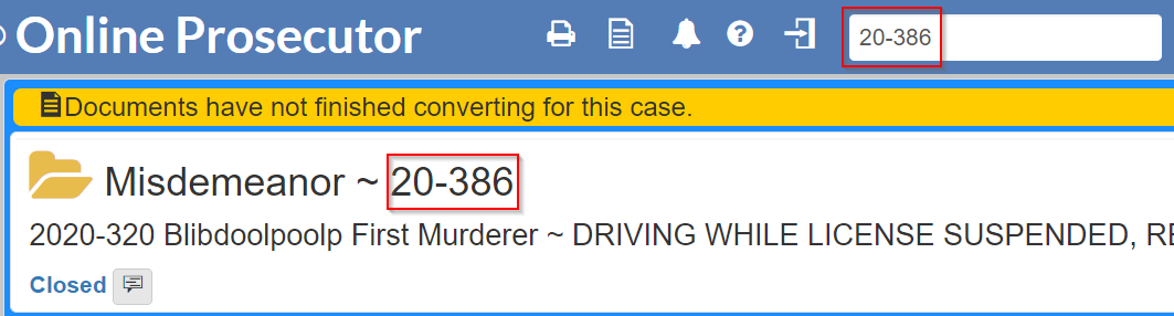 Arrow pointing to case number search in top navigation